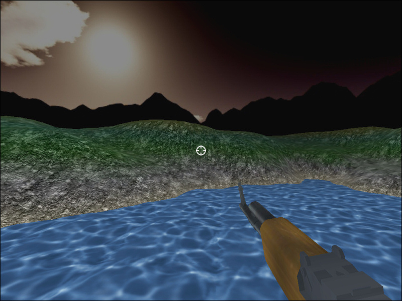 Castle Draco gameplay beside water, with mountains and a dark sky